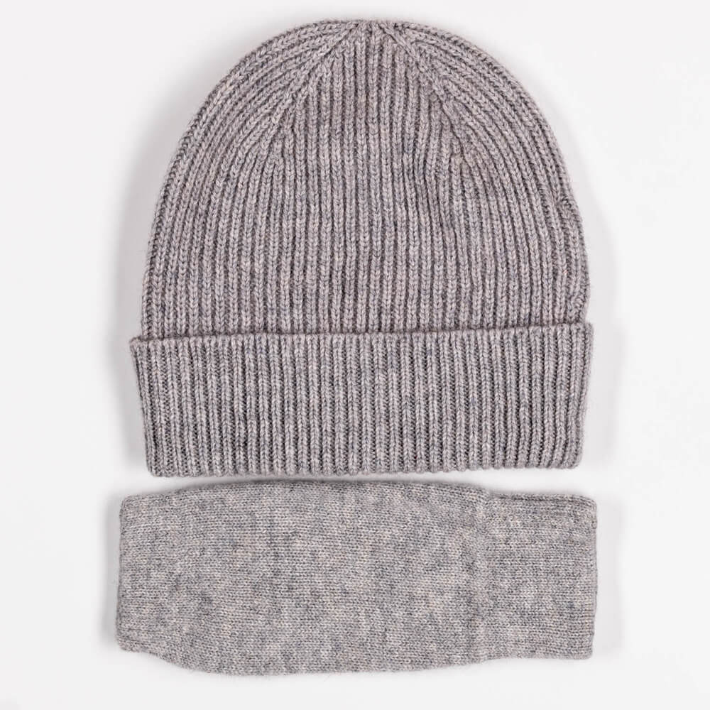 Grey Cashmere Beanie and Mittens Set