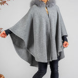 Grey Melange Hooded Cashmere Blend Cape: Cashmere Fur Trim