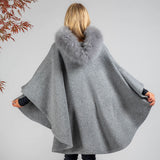 Grey Melange Hooded Cashmere Blend Cape: Cashmere Fur Trim