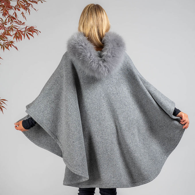 Grey Melange Hooded Cashmere Blend Cape: Cashmere Fur Trim