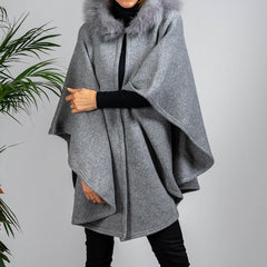 Grey Melange Hooded Cashmere Blend Cape: Cashmere Fur Trim