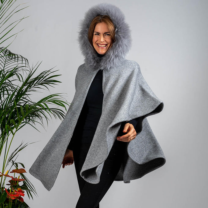 Grey Melange Hooded Cashmere Blend Cape: Cashmere Fur Trim