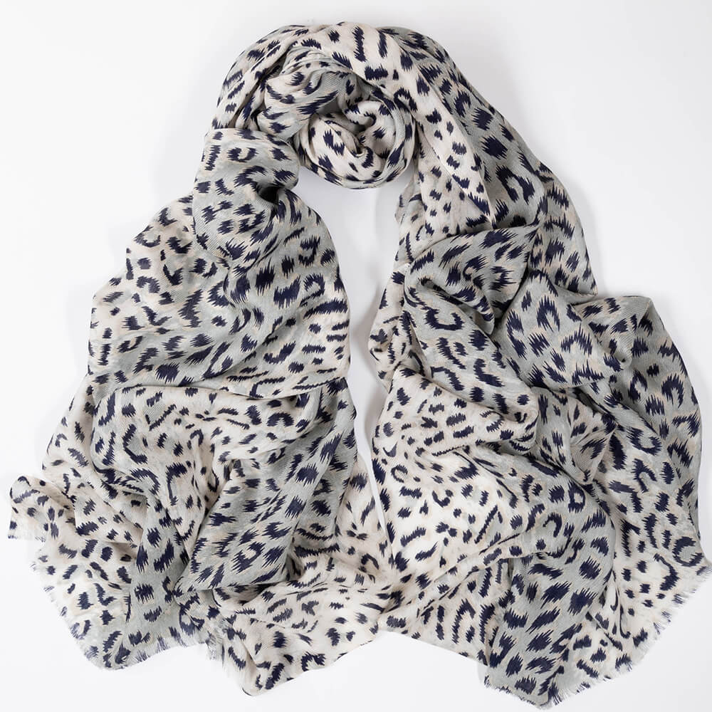 Navy and Pearl Dappled Leopard Print Cashmere and Silk Wrap