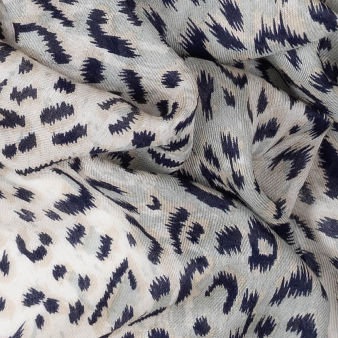 Navy and Pearl Dappled Leopard Print Cashmere and Silk Wrap