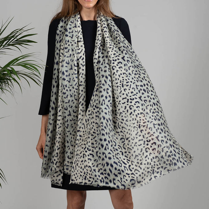 Navy and Pearl Dappled Leopard Print Cashmere and Silk Wrap