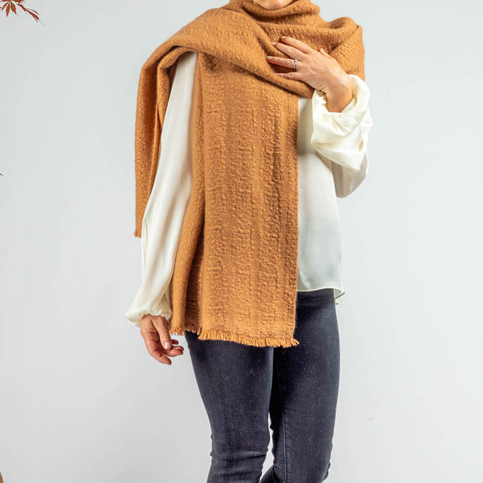 Honey Brown Cashmere Shawl and Woven Leather Gloves Set