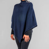 Navy High Neck Buttoned Cashmere Poncho