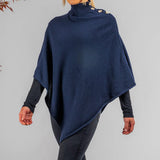 Navy High Neck Buttoned Cashmere Poncho