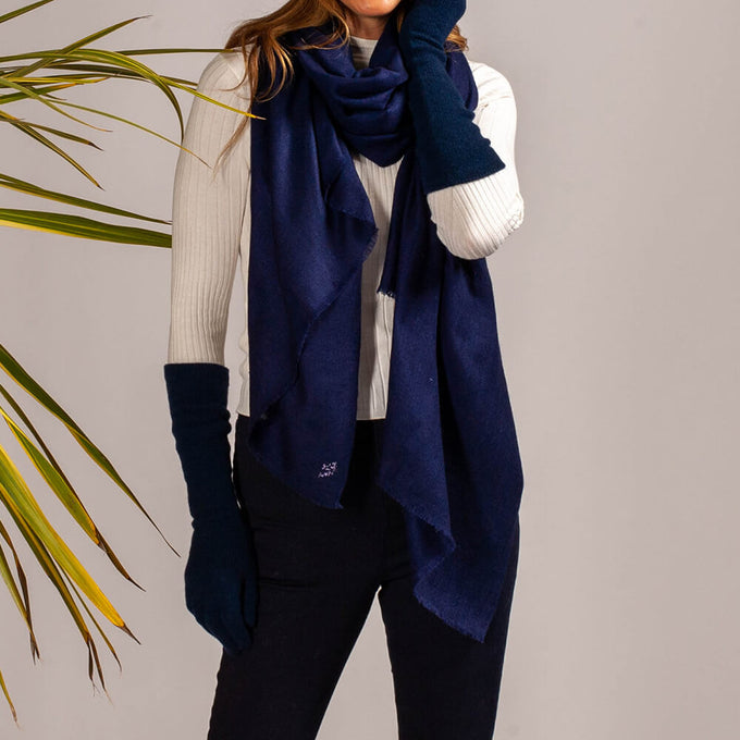 Navy Cashmere Shawl and Long Cashmere Gloves Set