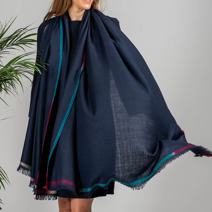 Ikat Edged Navy Pashmina Cashmere Shawl