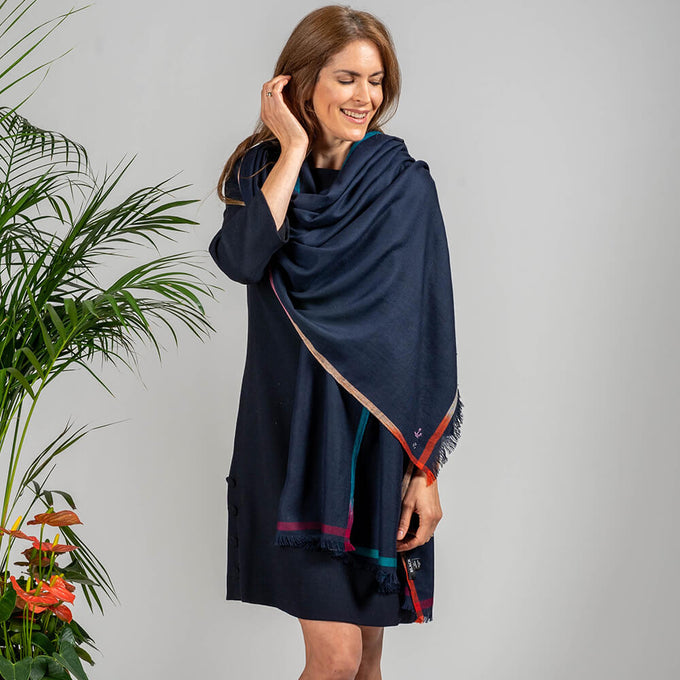 Ikat Edged Navy Pashmina Cashmere Shawl