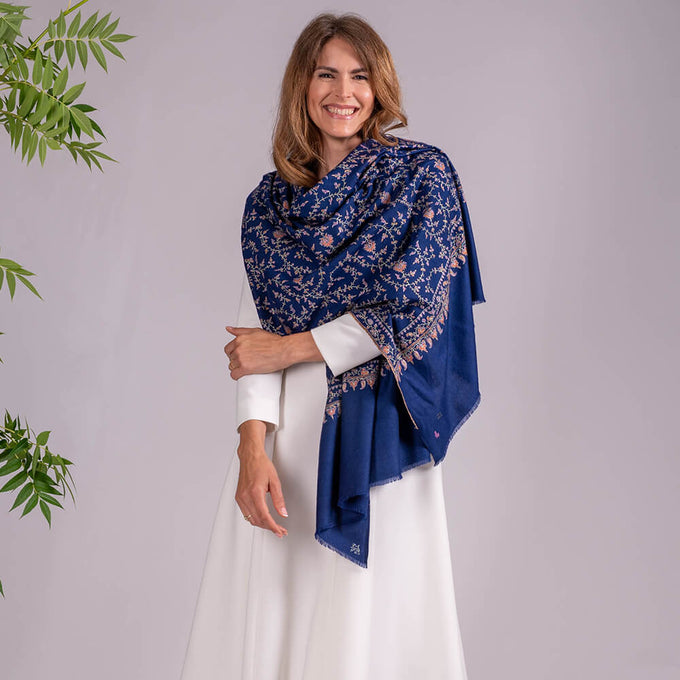 Hand Embroidered Pashmina Cashmere Shawl - Navy Floral