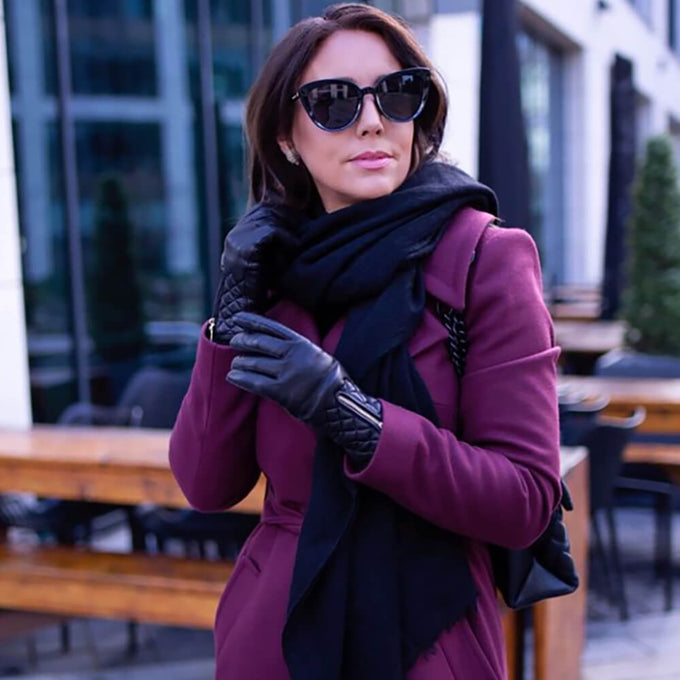 Navy Gossamer Cashmere Shawl and Quilted Leather Gloves Set