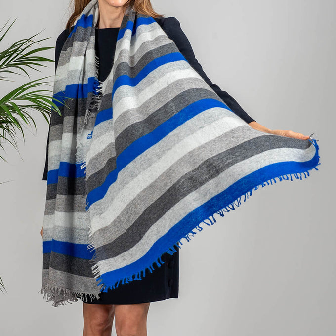 Greys and Navy Striped Knitted Cashmere Scarf