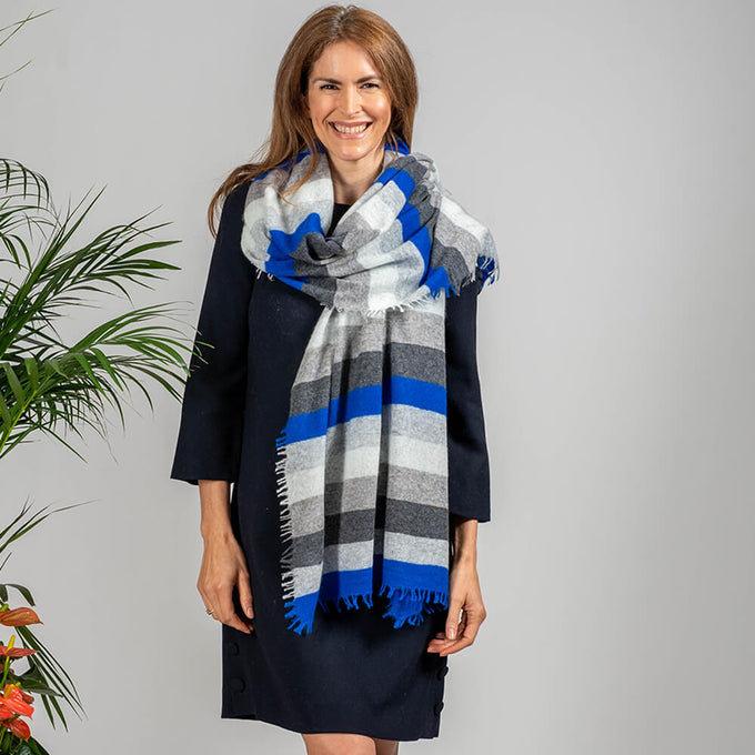 Greys and Navy Striped Knitted Cashmere Scarf