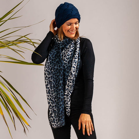 Navy Leopard Print Scarf and Cashmere Beanie Set