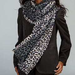 Midnight Navy Leopard Print Cashmere and Silk Scarf