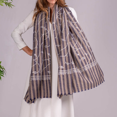 Hand Embroidered Pashmina Cashmere Shawl - Navy & Natural Stripe