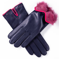 Navy and Fuchsia Rabbit Fur Lined Leather Gloves