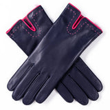 Navy and Fuchsia Rabbit Fur Lined Leather Gloves