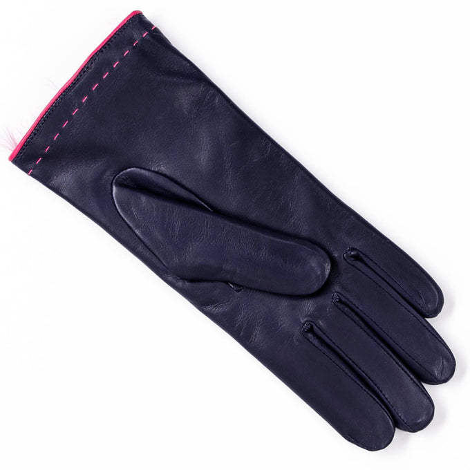 Navy and Fuchsia Rabbit Fur Lined Leather Gloves