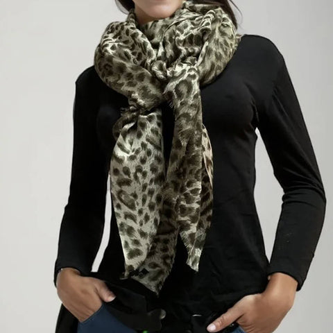 Olive Green Leopard Print Cashmere and Silk Wrap