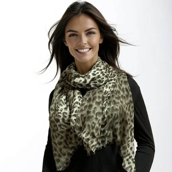 Olive Green Leopard Print Cashmere and Silk Wrap