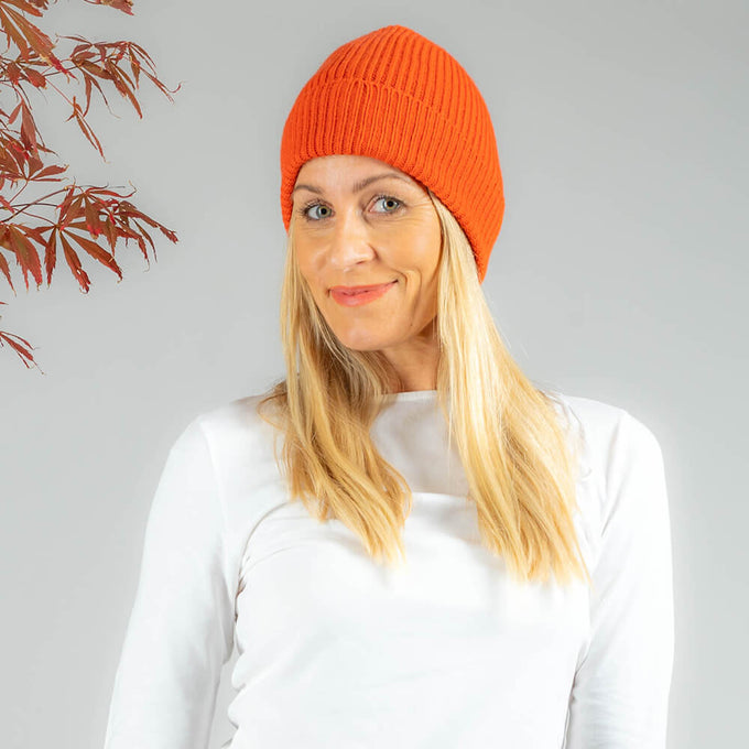 Sunrise Orange Rib Knit Cashmere Beanie