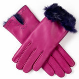 Hot Magenta and Indigo Rabbit Fur Lined Leather Gloves