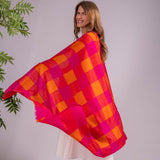 Hot Pink and Orange Hand Woven Check Cashmere Ring Shawl