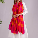 Hot Pink and Orange Hand Woven Check Cashmere Ring Shawl