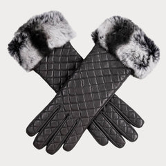 Pewter Grey Quilted Leather Gloves with Rabbit Fur Cuff