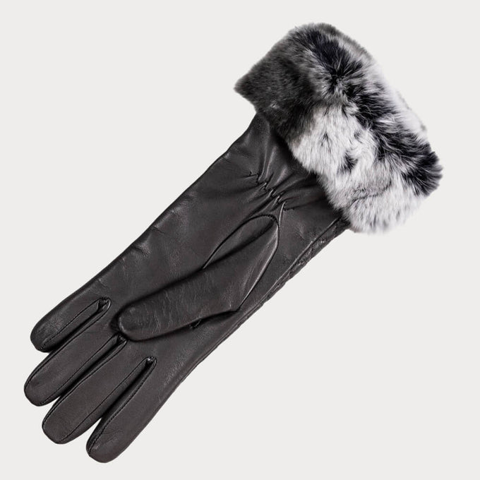 Pewter Grey Quilted Leather Gloves with Rabbit Fur Cuff