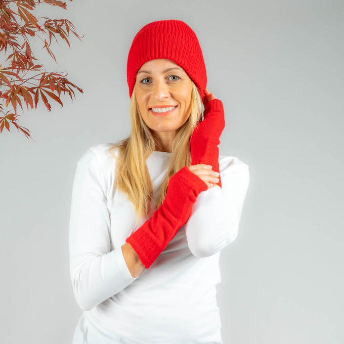 Ruby Red Cashmere Beanie and Mittens Set