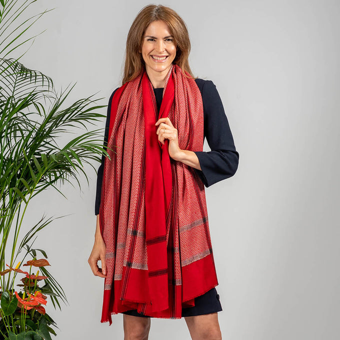 Red and Ivory Hand Woven Pashmina Cashmere Shawl