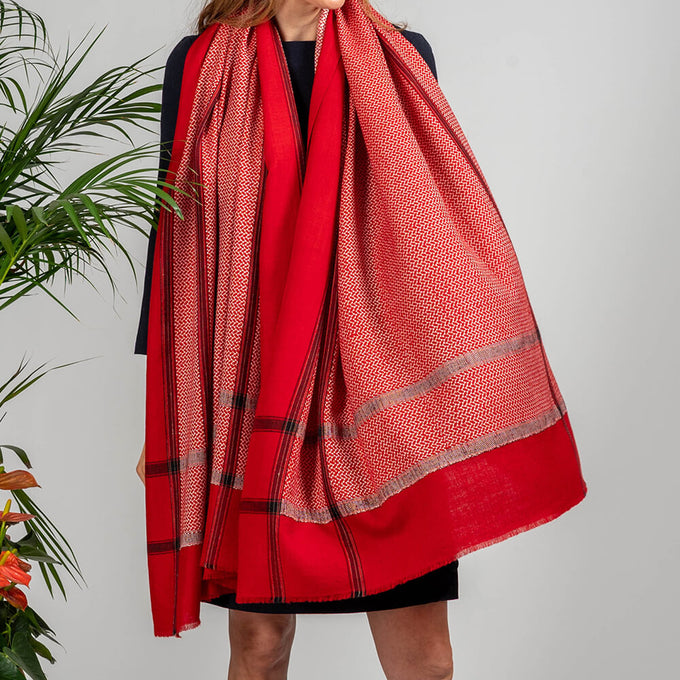 Red and Ivory Hand Woven Pashmina Cashmere Shawl