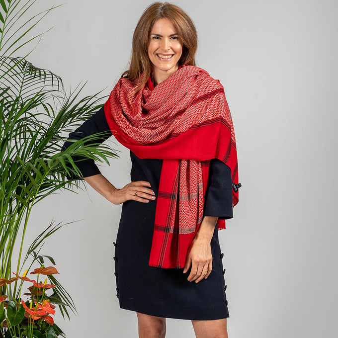 Red and Ivory Hand Woven Pashmina Cashmere Shawl