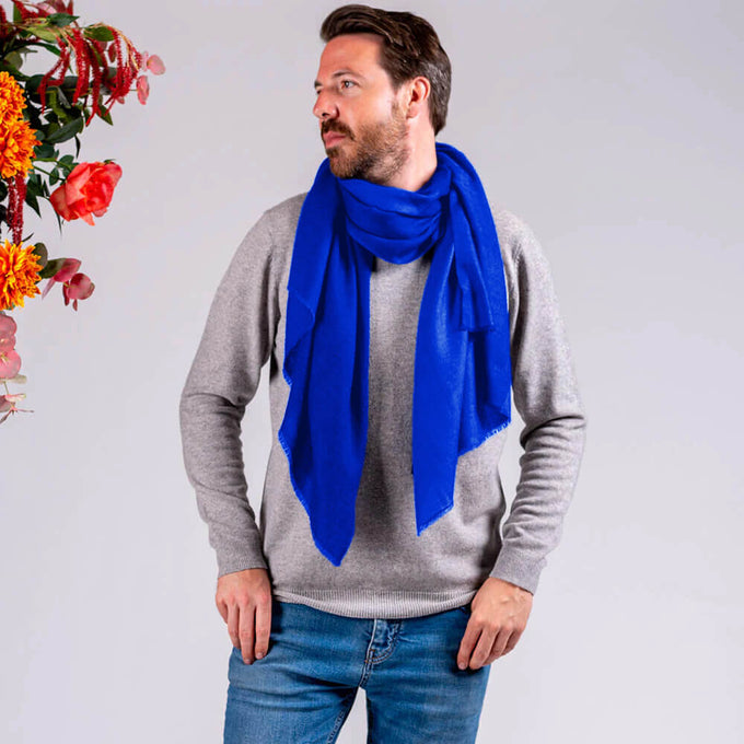 Classic Royal Blue Silk and Wool Scarf