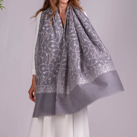 Hand Embroidered Pashmina Cashmere Shawl - Soft Grey & White