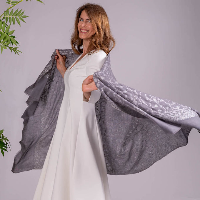 Hand Embroidered Pashmina Cashmere Shawl - Soft Grey & White