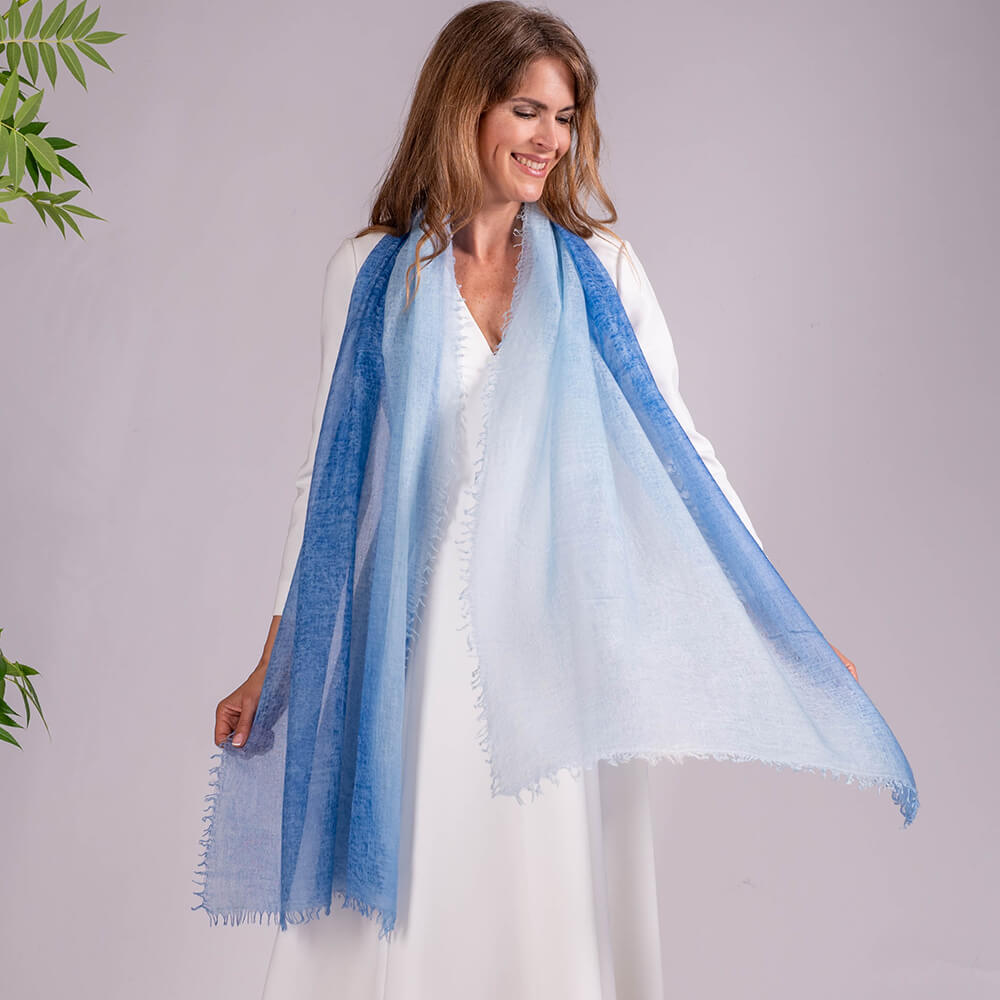 Blue Diaphanous Cashmere Spray Print Wrap