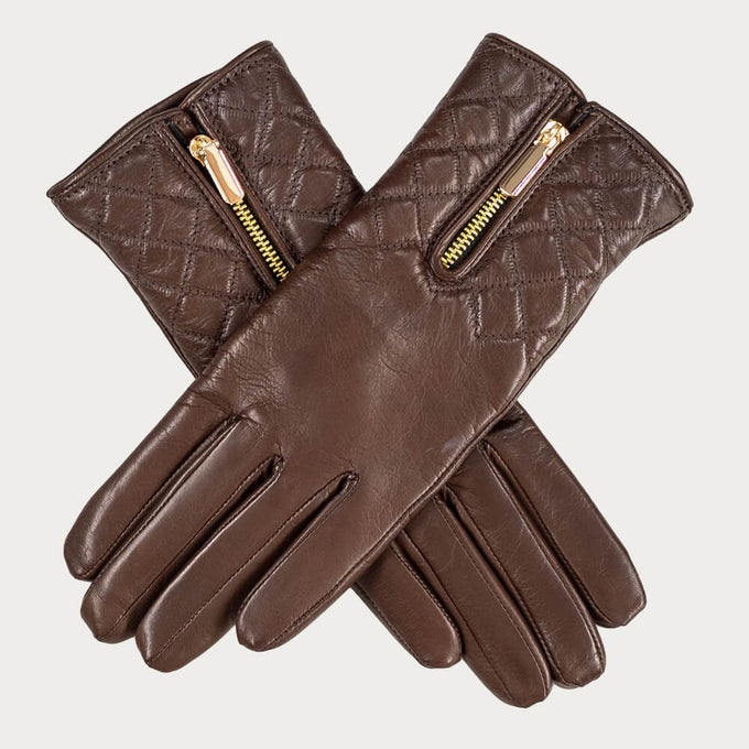 Havana Brown Quilted Leather Gloves with Cashmere Lining