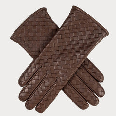 Havana Brown Woven Cashmere Lined Leather Gloves