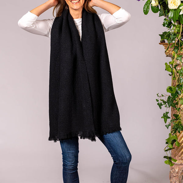 Super Luxe Ebony Black Basket Weave Cashmere Shawl