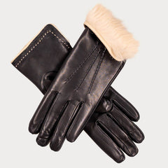 Black and Cappuccino Rabbit Fur Lined Leather Gloves