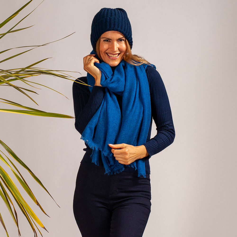 Blue Gossamer Cashmere Shawl & Ribbed Cashmere Slouch Beanie Set