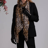 Leopard Print Cashmere and Silk Scarf & Fur Lined Leather Gloves Set