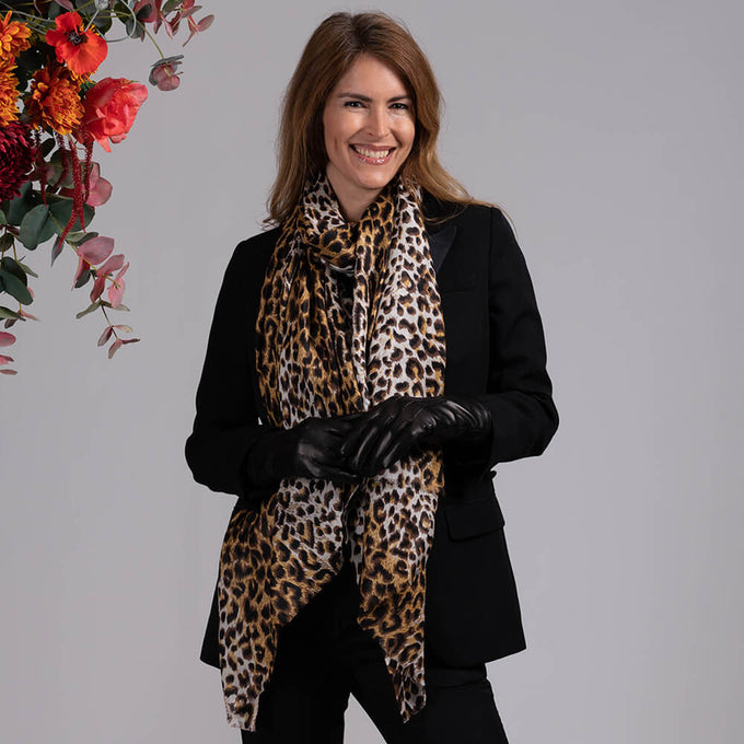 Leopard Print Cashmere and Silk Scarf & Fur Lined Leather Gloves Set