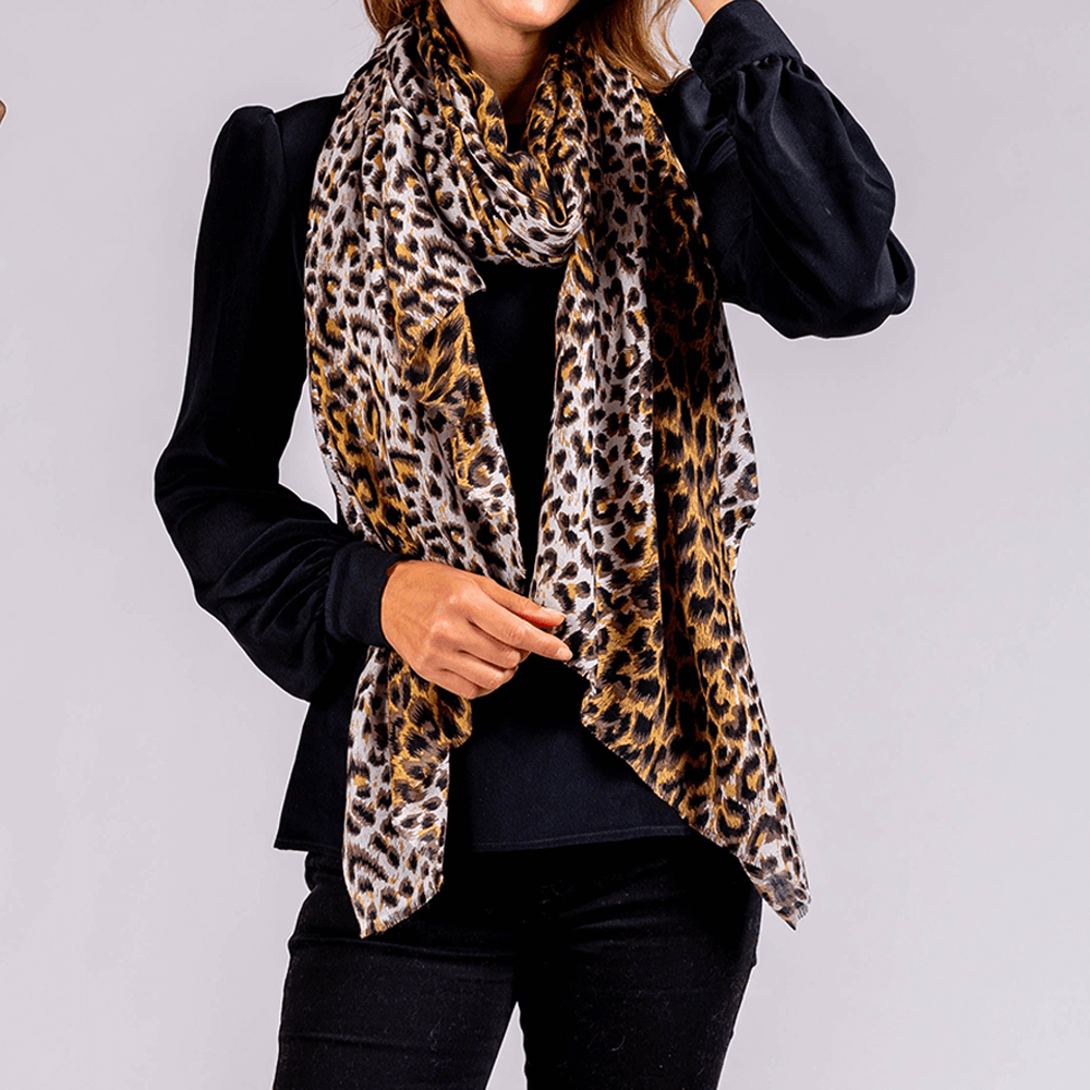 Brown Leopard Print Silk Scarf –