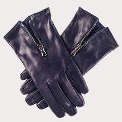 Men s Navy Blue Leather Gloves with Zip Detail Black